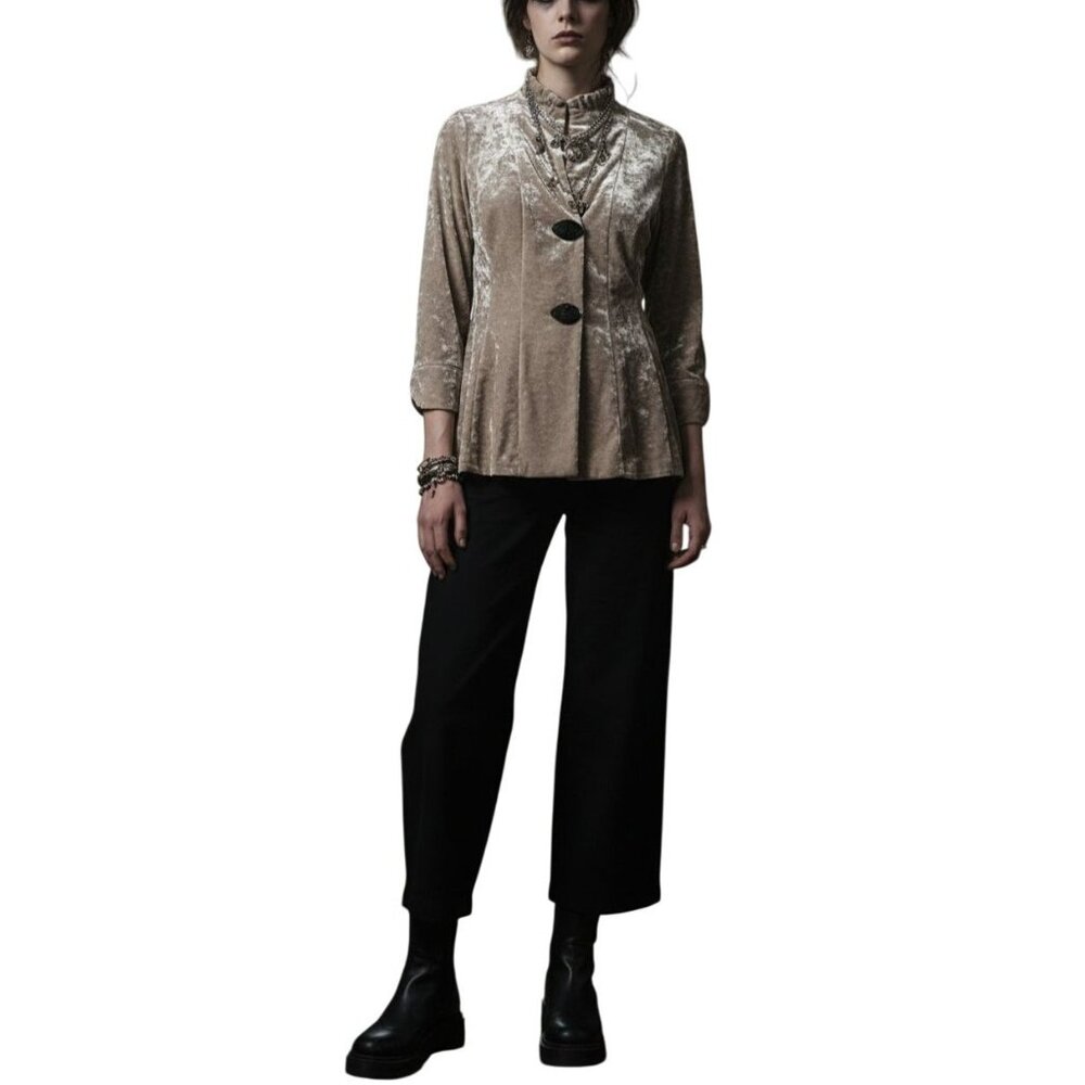 IC by Connie K Classic Lagenlook Artsey Crushed Velvet Jacket Tan Women's Small - Picture 4 of 13